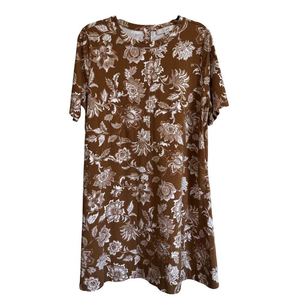 LOFT Womens XL Brown White Floral Cotton Modal Short Sleeve T-Shirt Shift Dress